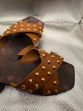 BAMBOO Tan Studded Criss Cross Flat Slide Comfortable Sandals Size 8.5